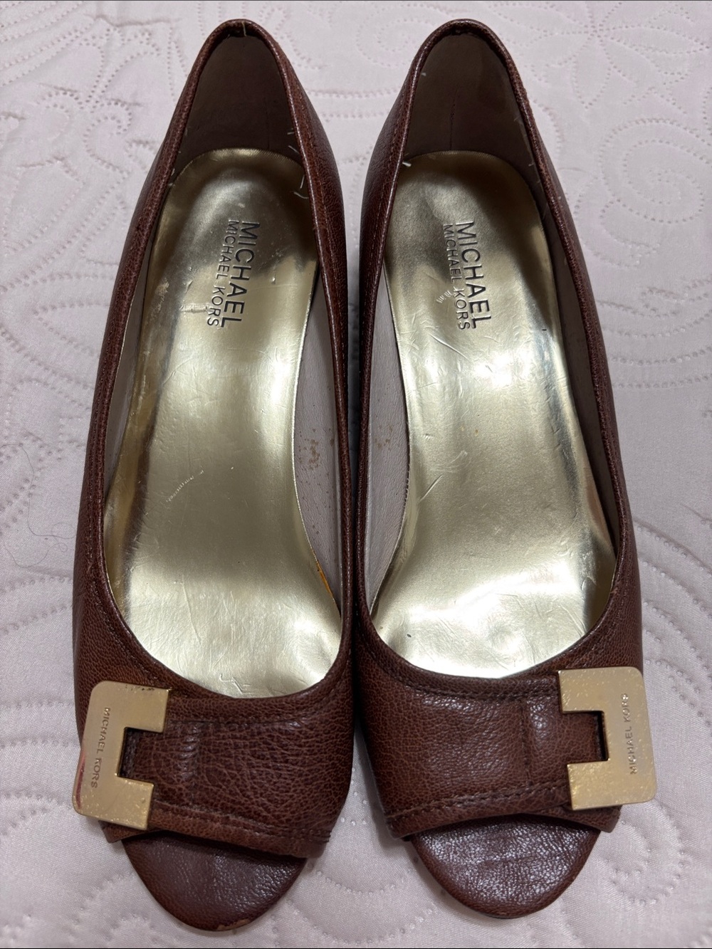 MICHAEL Michael Kors Brown Leather Peep-Toe Heels with Gold Logo Accent